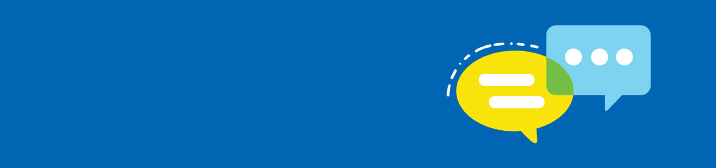 A blue background with 2 chat bubbles on the right hand side. One chat bubble is yellow and the other is light blue.