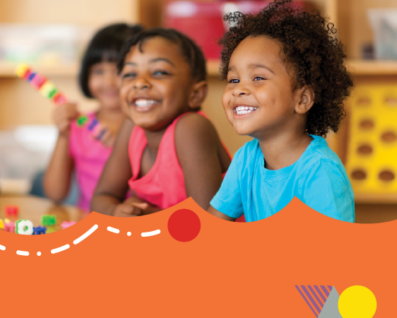 Image of preschool children smiling with an orange graphic bar on the bottom