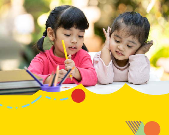 Banner with yellow background and image of two children reading