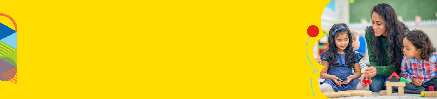 Banner with yellow background and image of two students and their teacher