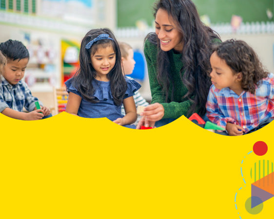Banner with yellow background and image of two students and their teacher