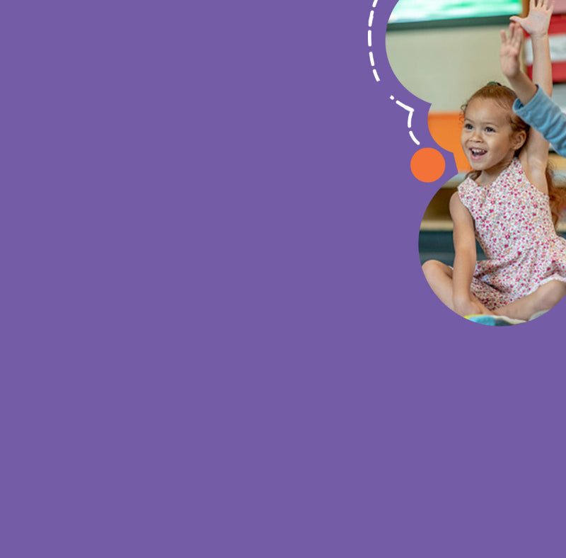 A joyful young girl at school smiling and raising her hand against a purple background with playful geometric shapes, embodying the essence of play based learning.