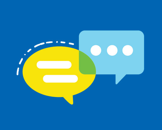 Blue banner with light blue and yellow chat bubbles in the center