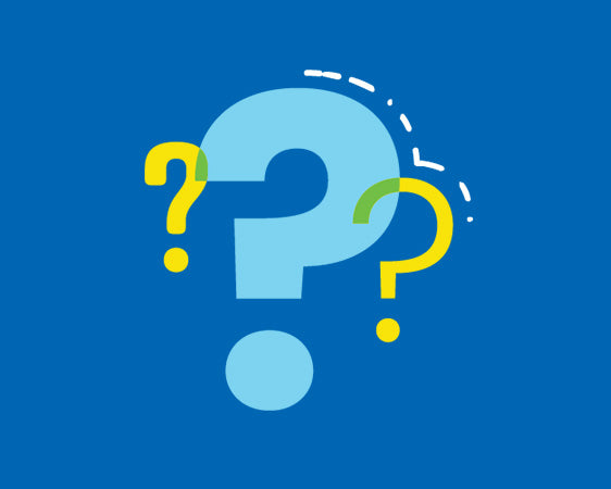 Blue banner with light blue and yellow question mark icons in the center