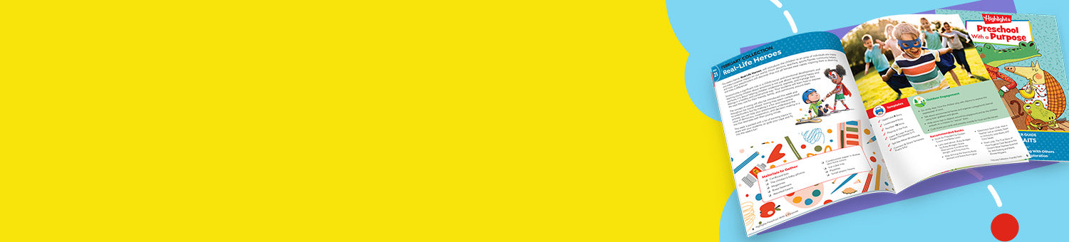 Yellow banner with an image to the left of an open February teacher guide