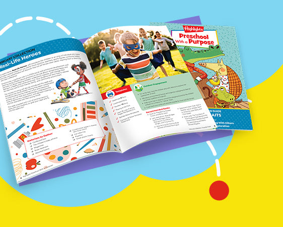 Yellow and light blue banner with an image of an opened February teacher guide