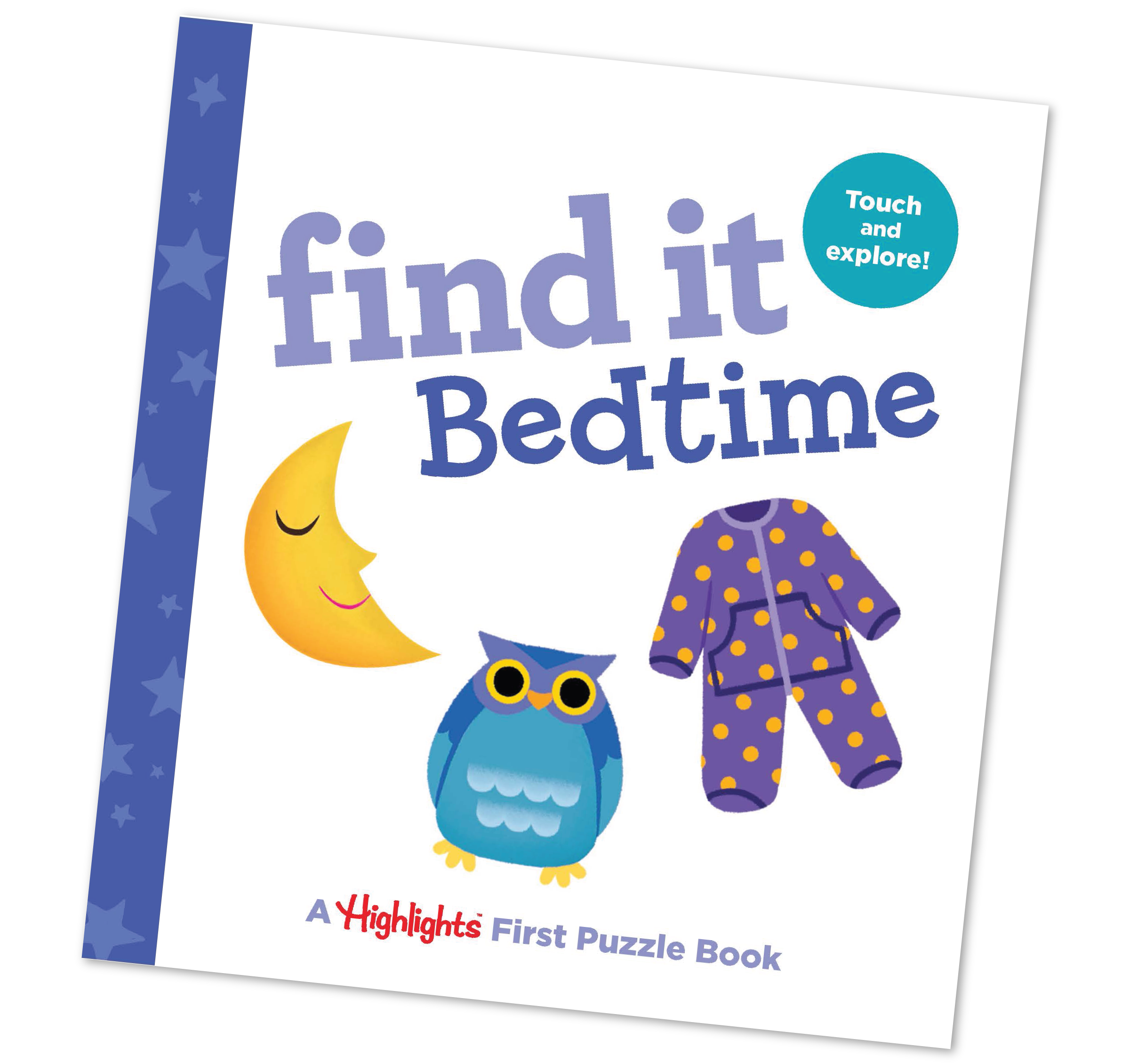 Children's puzzle book titled 'find it Bedtime' with illustrations of a moon, owl, and pajamas on a white background.