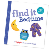 Children's puzzle book titled 'find it Bedtime' with illustrations of a moon, owl, and pajamas on a white background.