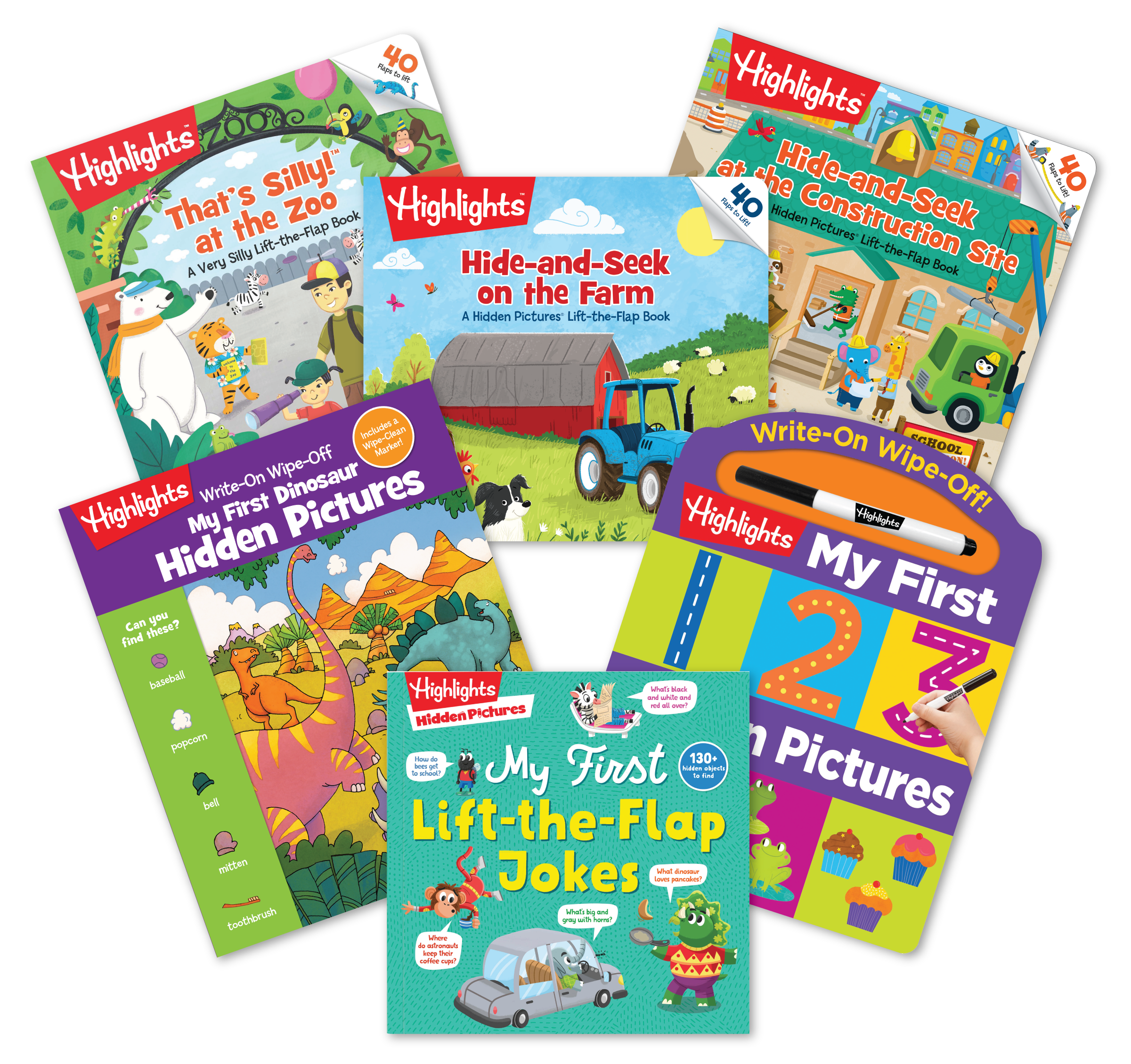 Collection of children's books from Highlights on a white background