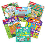 Collection of children's books from Highlights on a white background