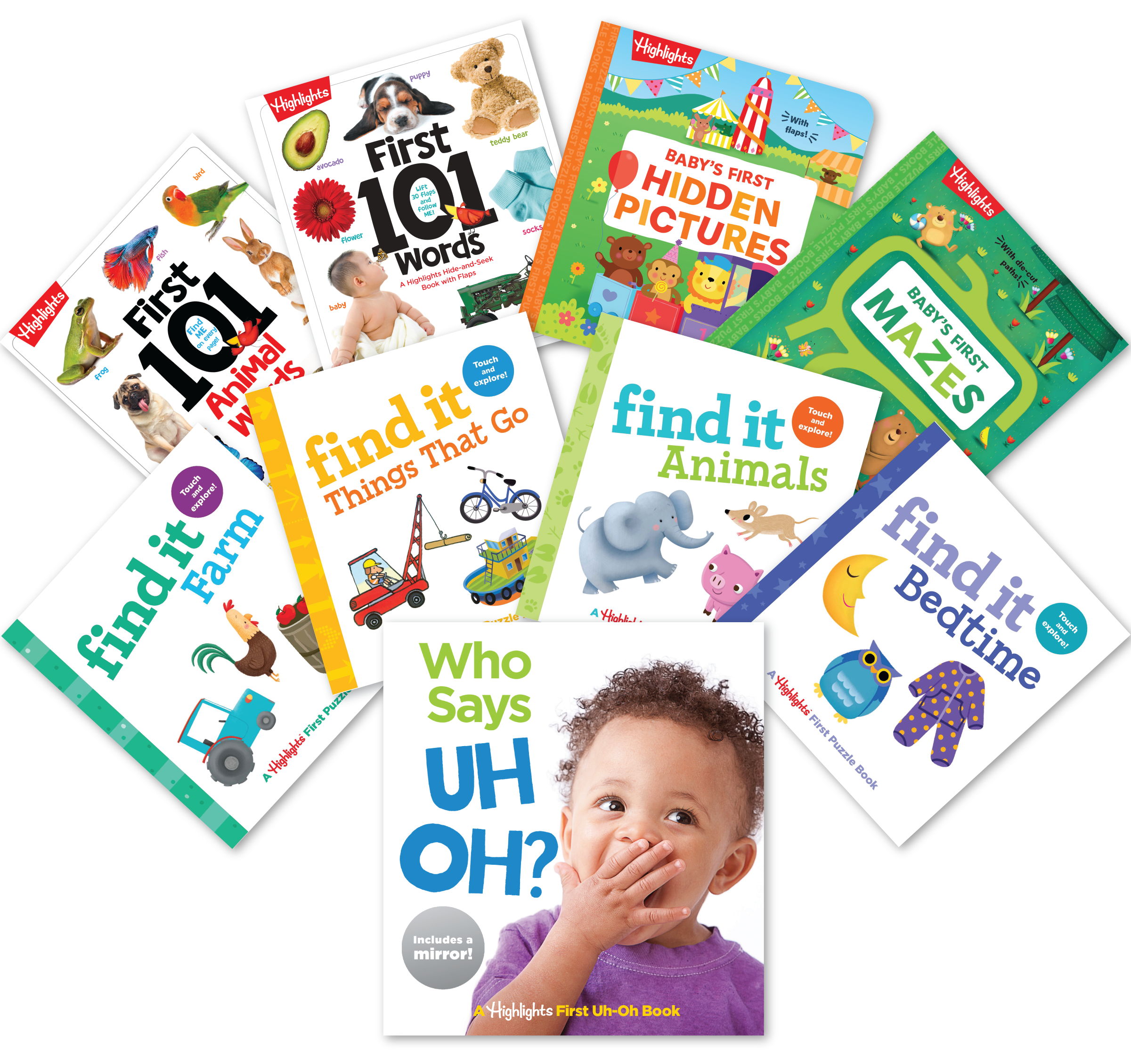 Collection of children's books on a white background