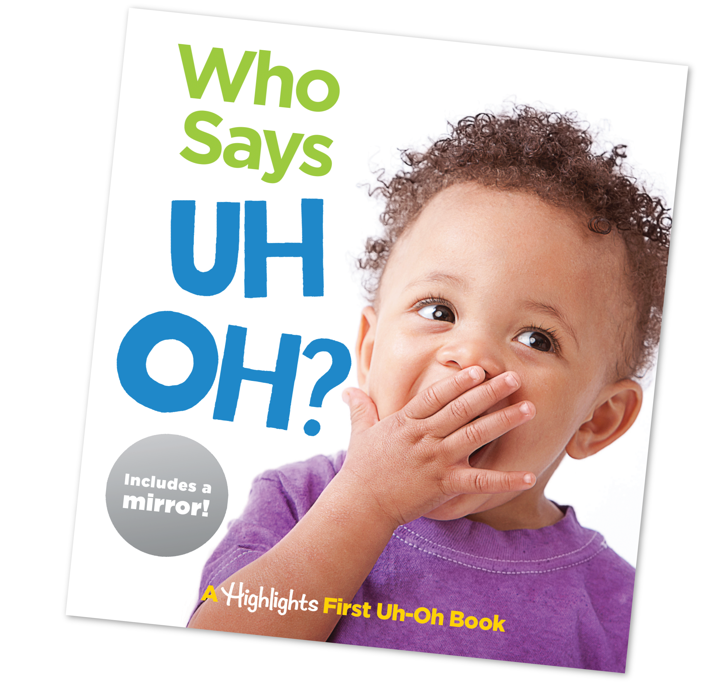 Book cover with a child and text 'Who Says Uh Oh?' on a white background