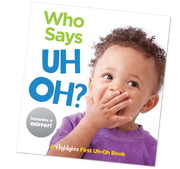 Book cover with a child and text 'Who Says Uh Oh?' on a white background