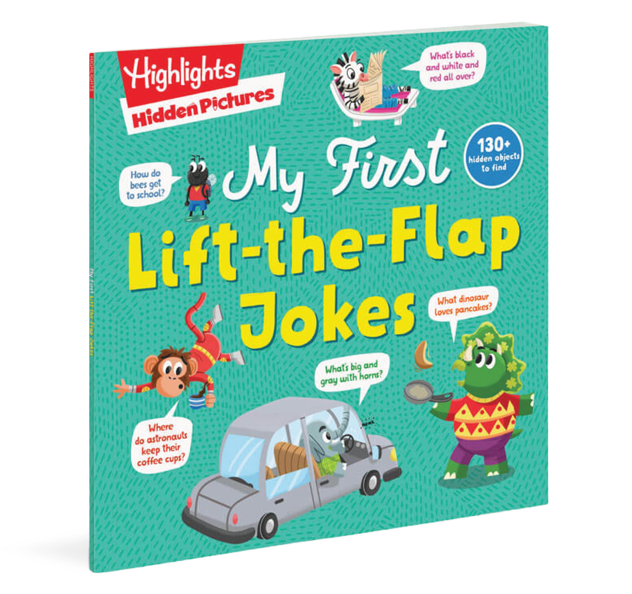 Book titled 'My First Lift-the-Flap Jokes' with colorful illustrations on a blue background