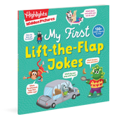 Book titled 'My First Lift-the-Flap Jokes' with colorful illustrations on a blue background