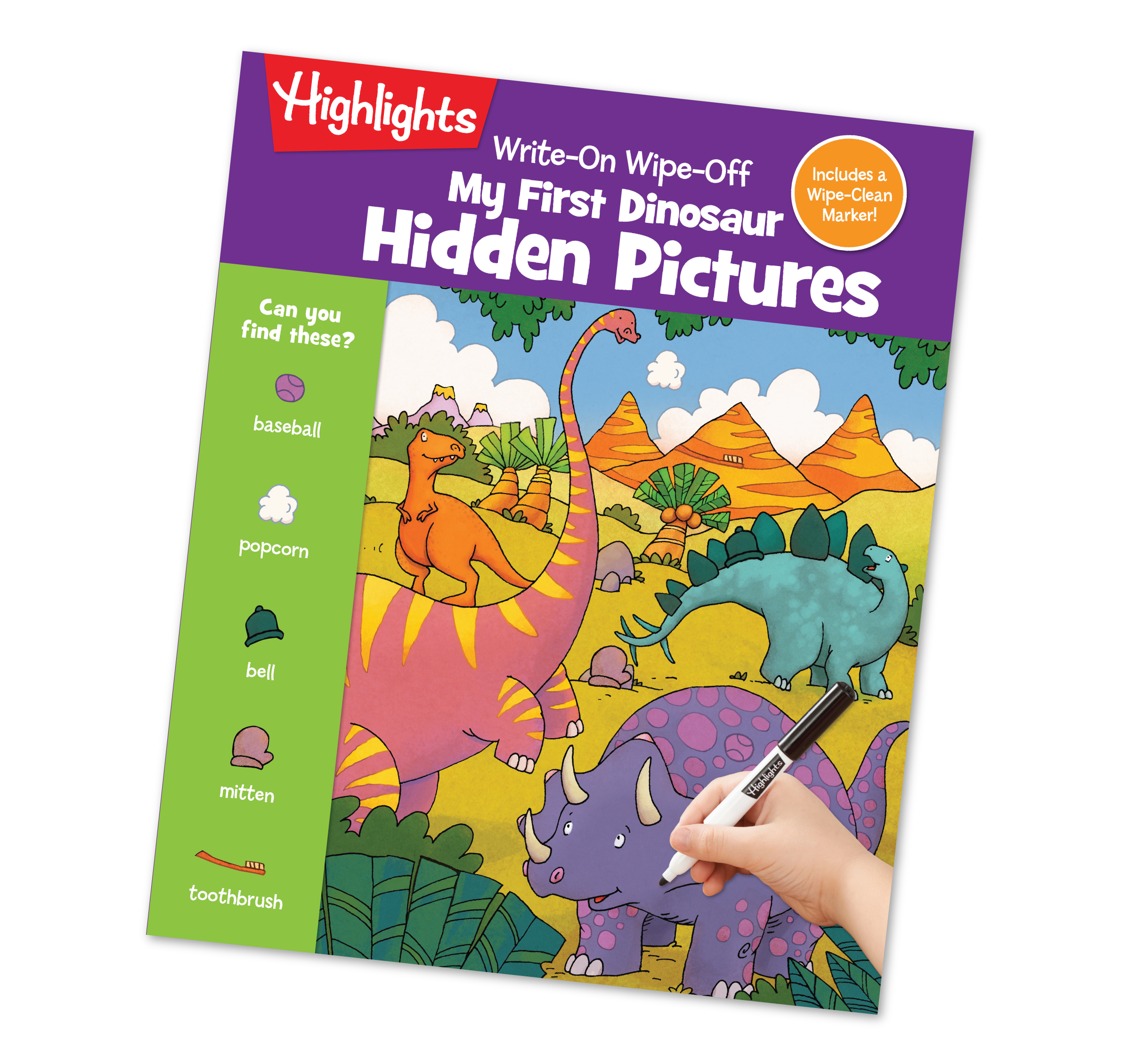 Book titled 'My First Dinosaur Hidden Pictures' with colorful dinosaurs on the cover, featuring the Highlights logo.