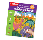 Book titled 'My First Dinosaur Hidden Pictures' with colorful dinosaurs on the cover, featuring the Highlights logo.