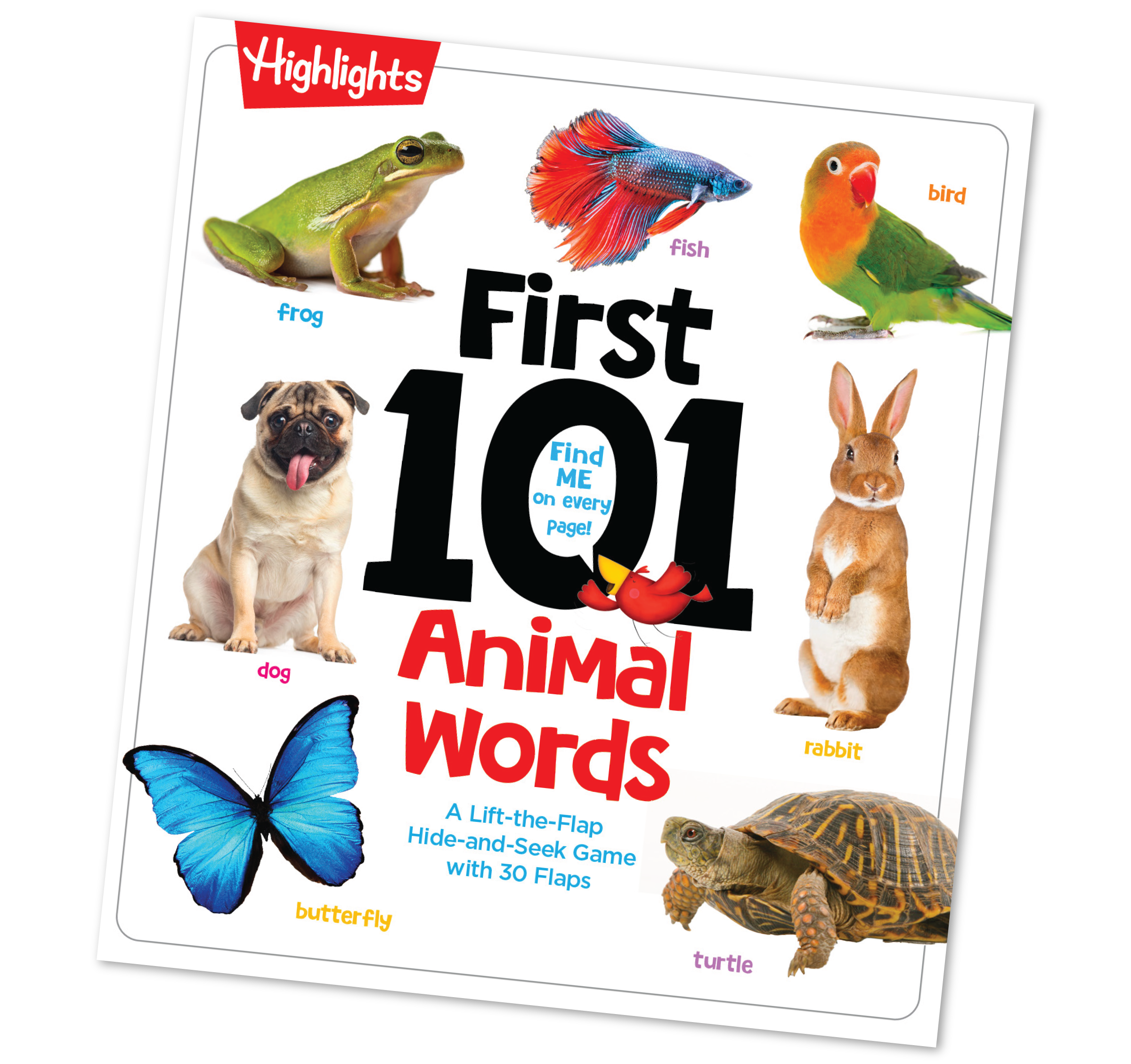 Book cover of 'First 101 Animal Words' with illustrations of animals and game details.
