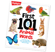 Book cover of 'First 101 Animal Words' with illustrations of animals and game details.