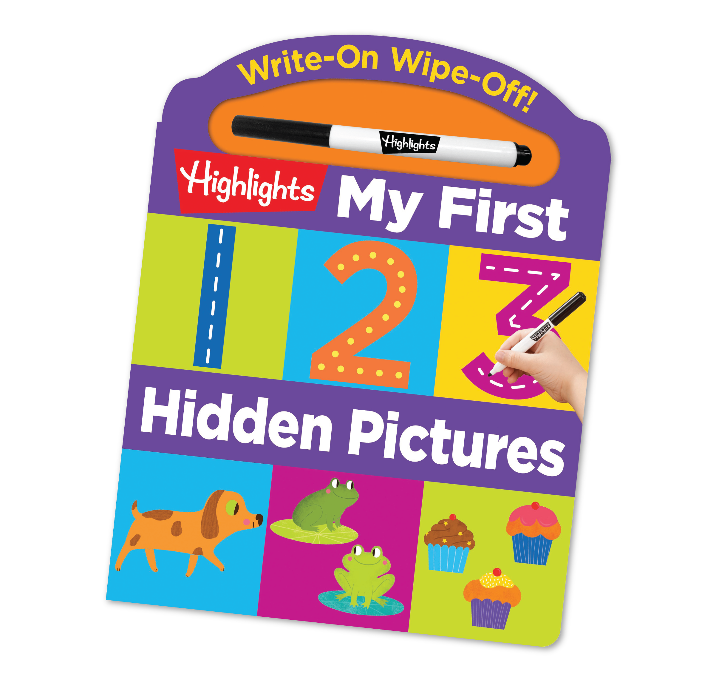 Book cover of 'My First 123 Hidden Pictures' with colorful design and writing tools.