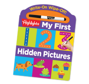 Book cover of 'My First 123 Hidden Pictures' with colorful design and writing tools.