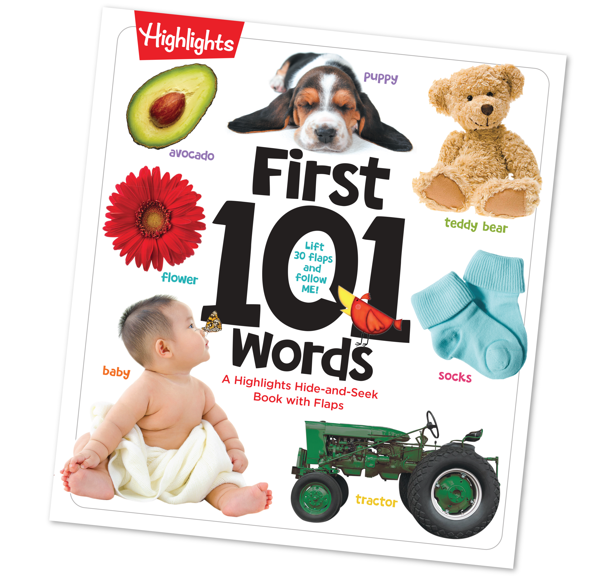 Book cover of 'First 101 Words' with illustrations of a baby, teddy bear, avocado, flower, socks, and tractor.