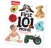 Book cover of 'First 101 Words' with illustrations of a baby, teddy bear, avocado, flower, socks, and tractor.