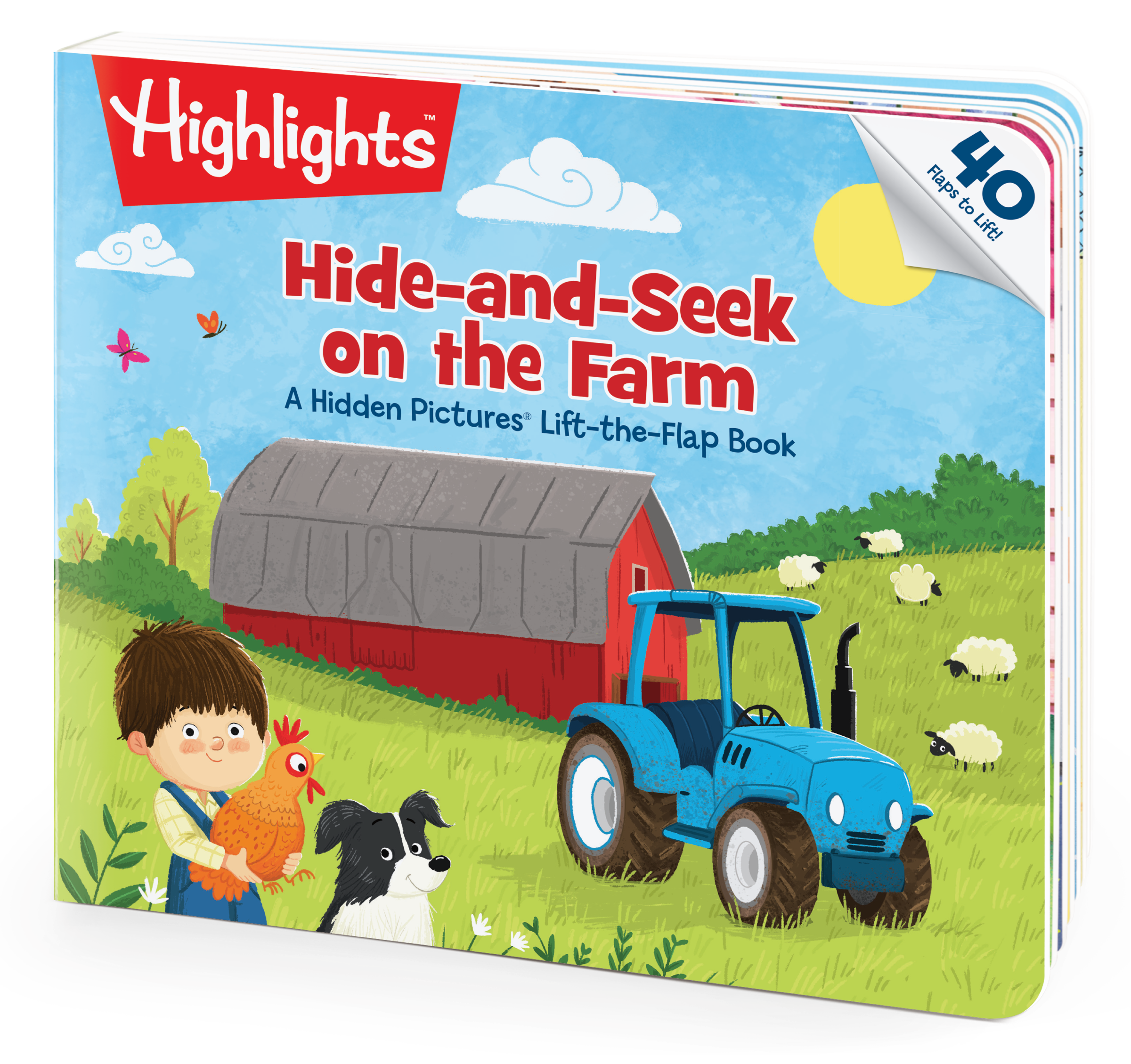 Book cover of 'Hide-and-Seek on the Farm' by Highlights with a boy, dog, chicken, and tractor illustration.