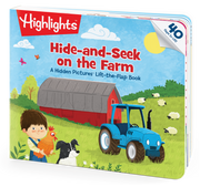 Book cover of 'Hide-and-Seek on the Farm' by Highlights with a boy, dog, chicken, and tractor illustration.