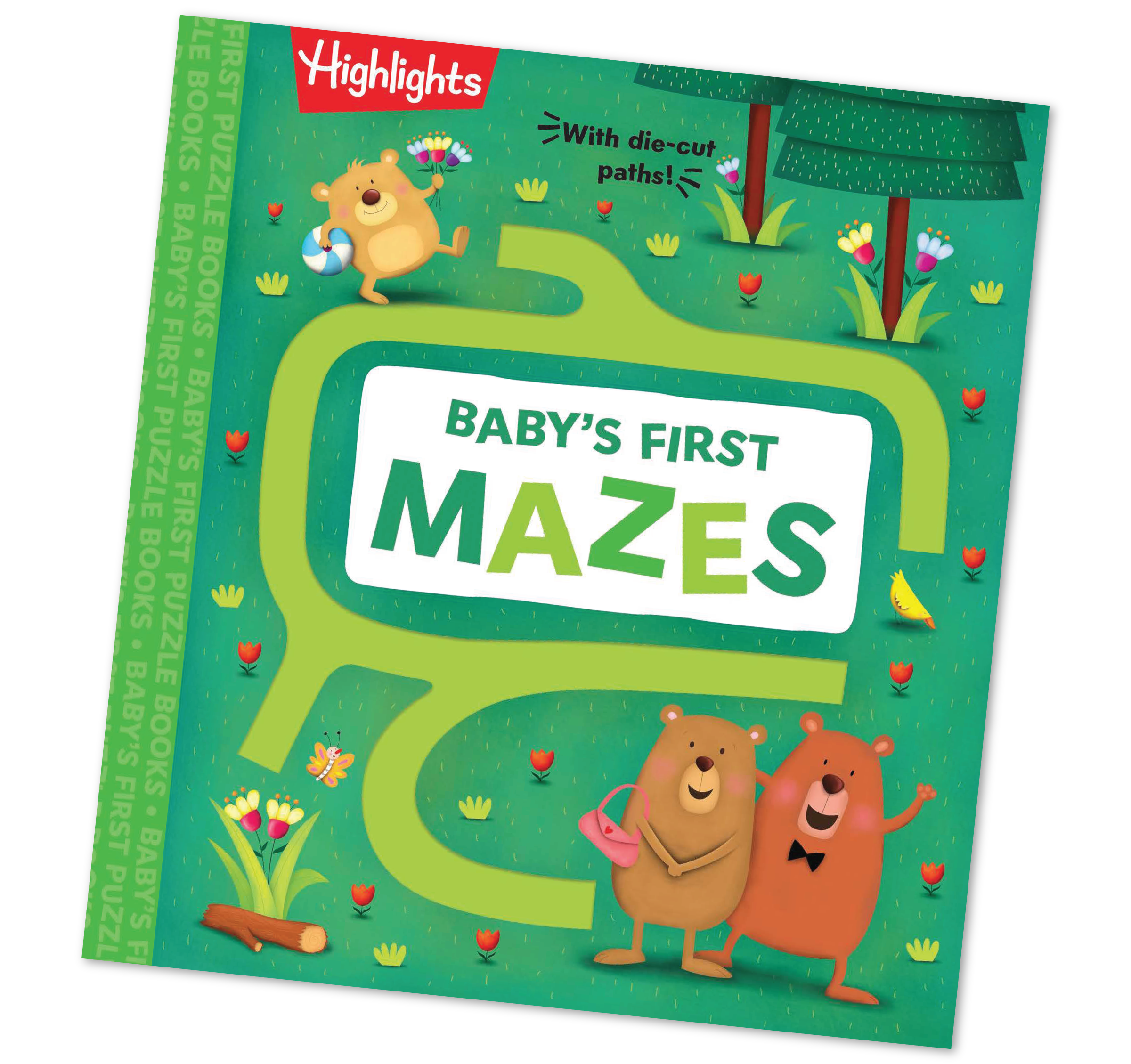 Book cover of 'Baby's First Mazes' with cartoon bears and a green maze path on a white background.