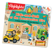 Children's book titled 'Hide-and-Seek at the Construction Site' by Highlights, featuring colorful illustrations of construction vehicles and animals.