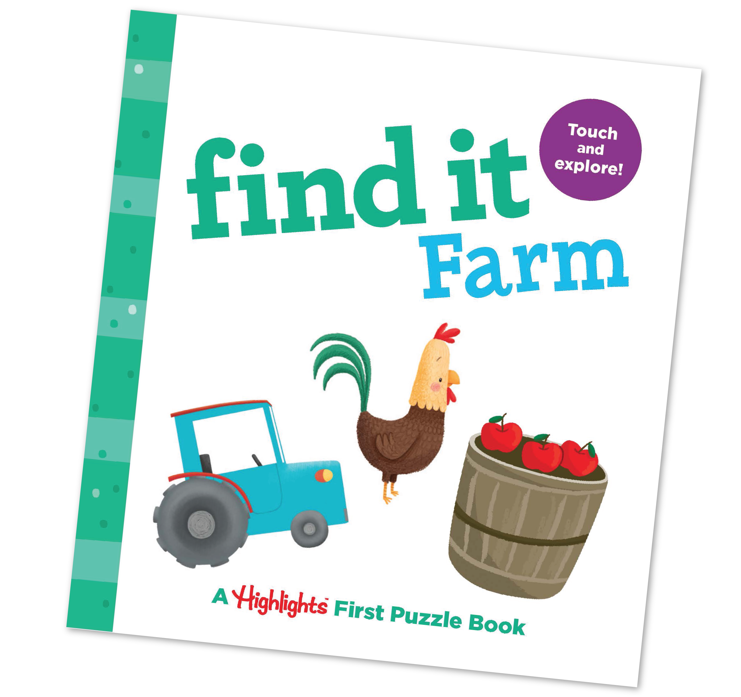 Children's puzzle book titled 'find it Farm' with a tractor, chicken, and barrel on the cover.