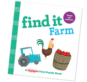 Children's puzzle book titled 'find it Farm' with a tractor, chicken, and barrel on the cover.