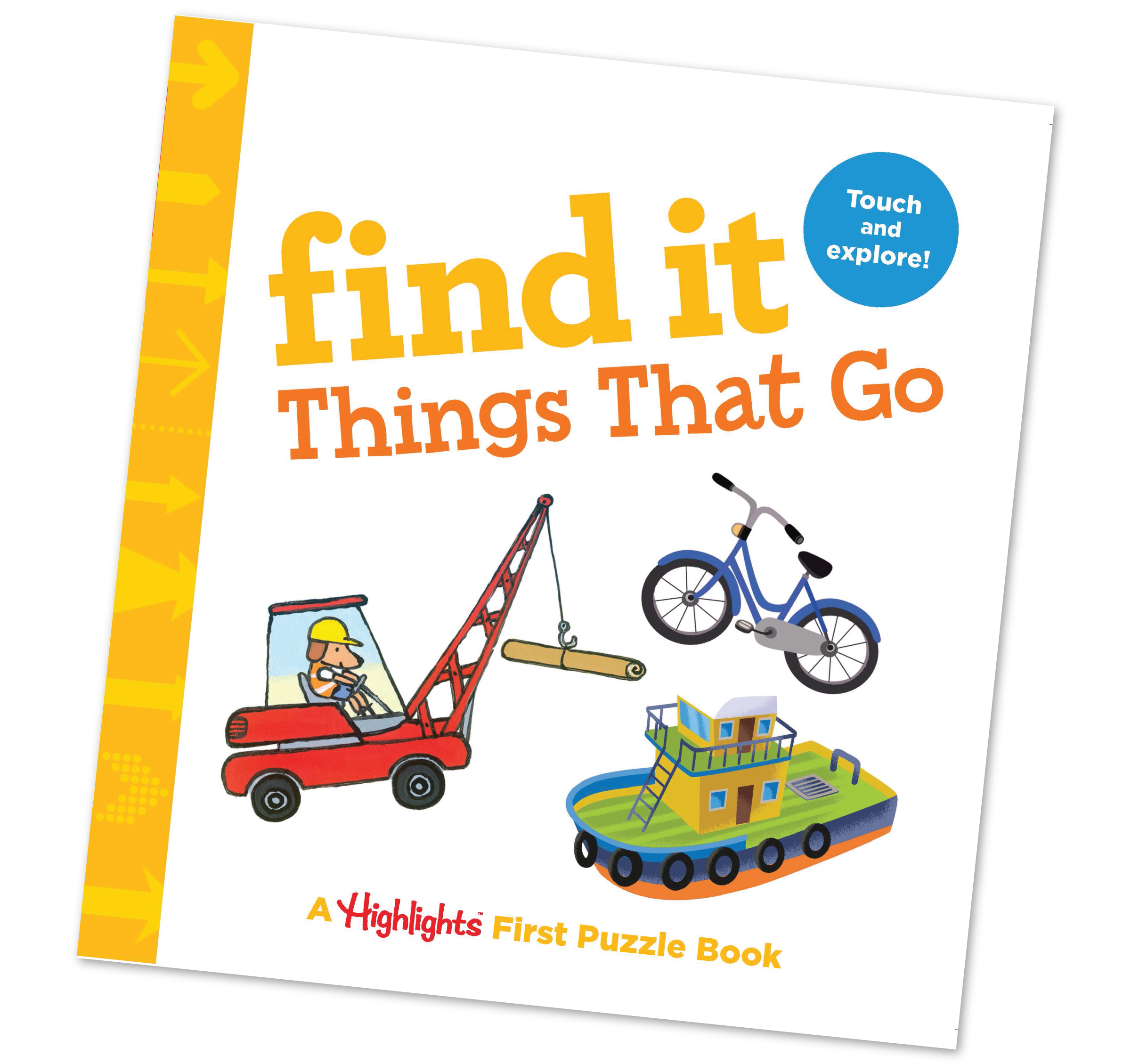 Children's puzzle book titled 'find it Things That Go' with illustrations of vehicles on a white background.