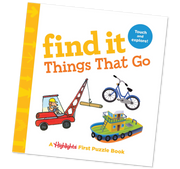 Children's puzzle book titled 'find it Things That Go' with illustrations of vehicles on a white background.