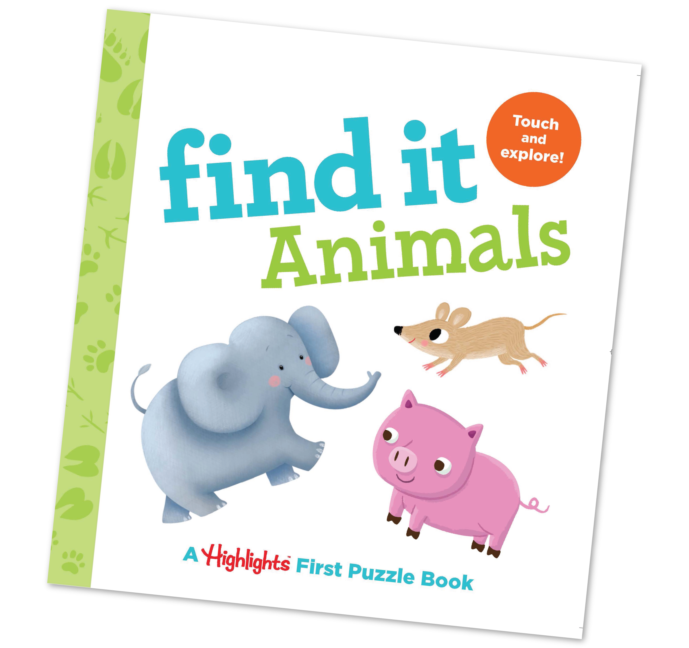 Children's book titled 'find it Animals' with illustrations of an elephant, pig, and mouse on a white background.