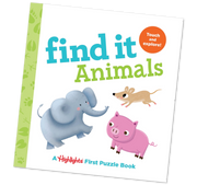 Children's book titled 'find it Animals' with illustrations of an elephant, pig, and mouse on a white background.