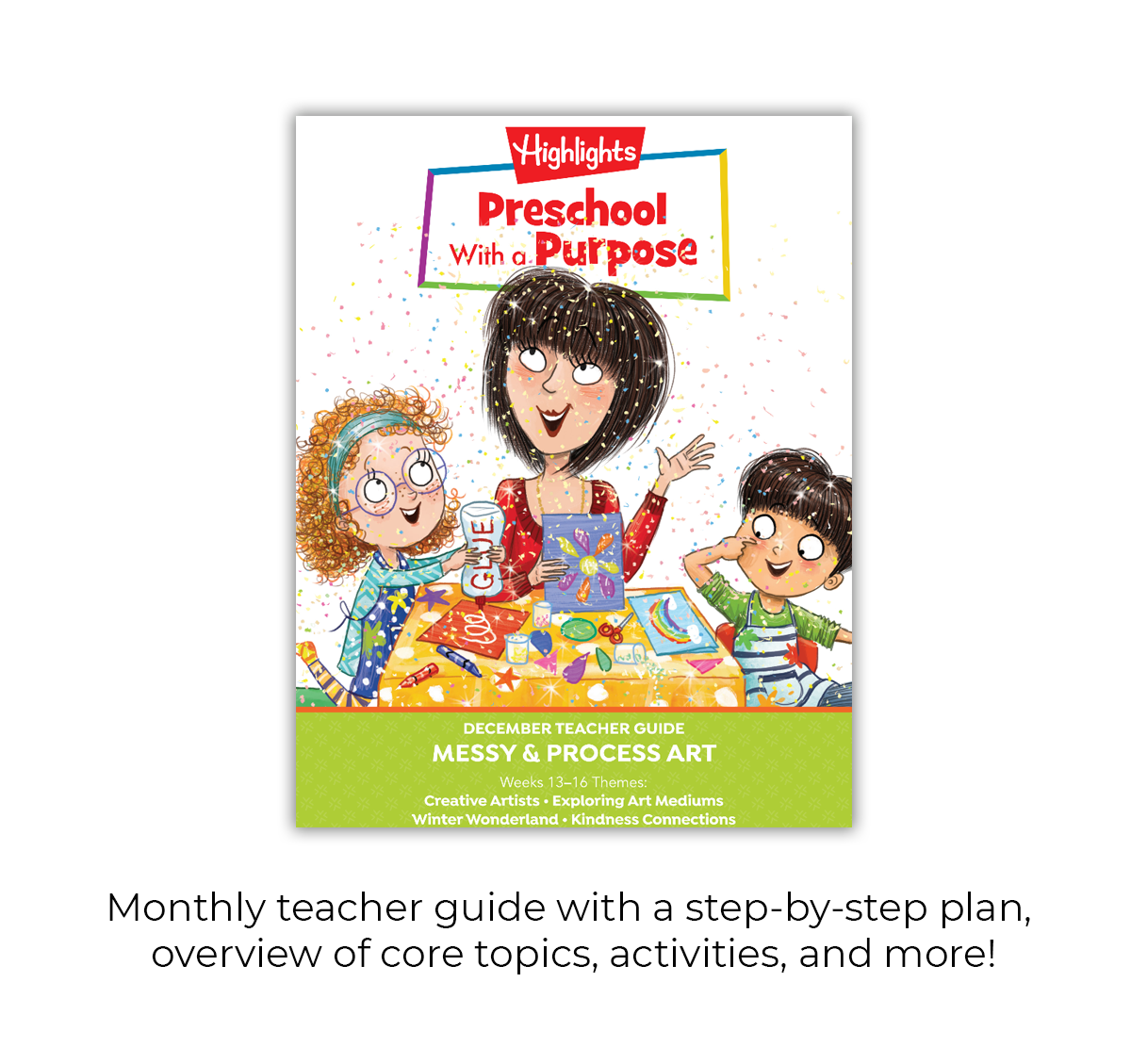 Teacher guide cover for 'Preschool with a Purpose' featuring cartoon children and a teacher.