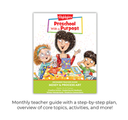 Teacher guide cover for 'Preschool with a Purpose' featuring cartoon children and a teacher.