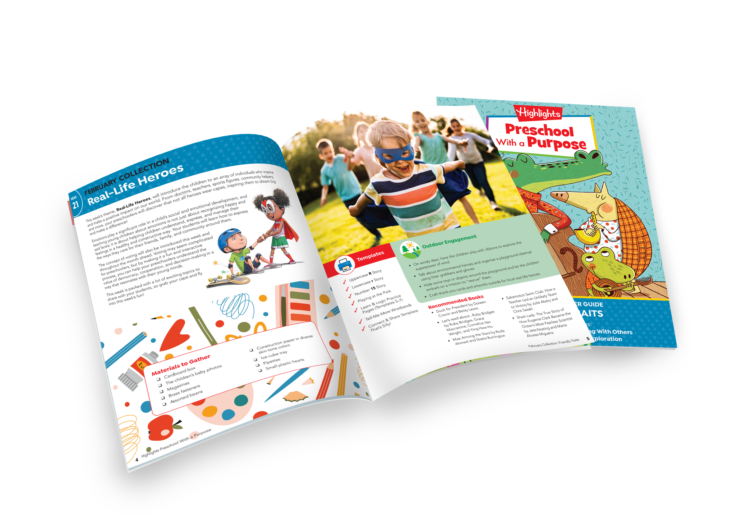 A comprehensive monthly teacher guidebook open, featuring step-by-step lesson plans, core topics, and a variety of activities for the preschool curriculum. Open page features an image of a preschooler engaging in imaginative play in a superhero costume.