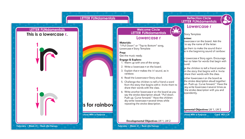 Circle time cards featuring letter fundamentals. A card shows how to trace a lowercase r and another card shows that r is for rainbow. 