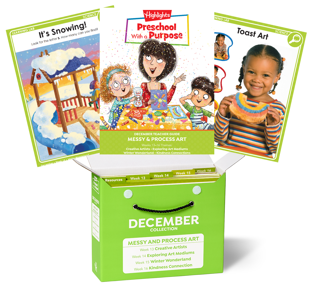 Educational materials for preschoolers with colorful covers and a green box labeled 'December Collection'.