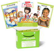 Educational materials for preschoolers with colorful covers and a green box labeled 'December Collection'.