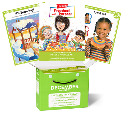 Educational materials for preschoolers with colorful covers and a green box labeled 'December Collection'.