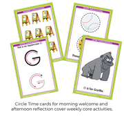 Educational cards with letters, shapes, and animals for children's learning activities.