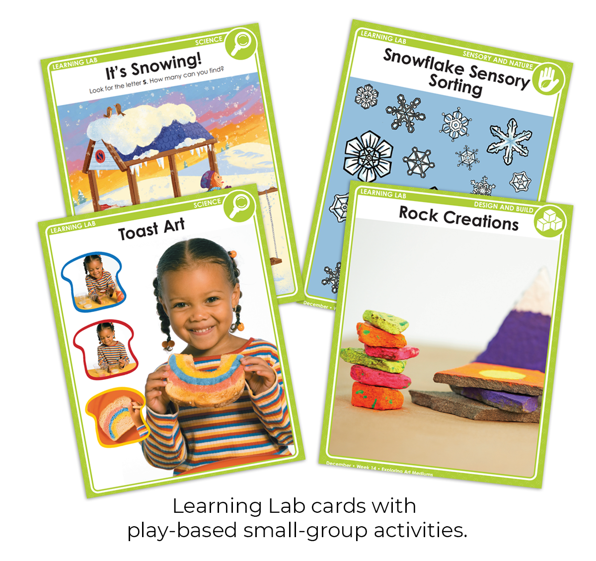 Learning Lab cards with play-based small-group activities on a white background