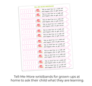 Sheet of Tell-Me-More wristbands with text on a white background