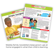 Two preschool family newsletters with a child and adult on the cover, featuring educational content.