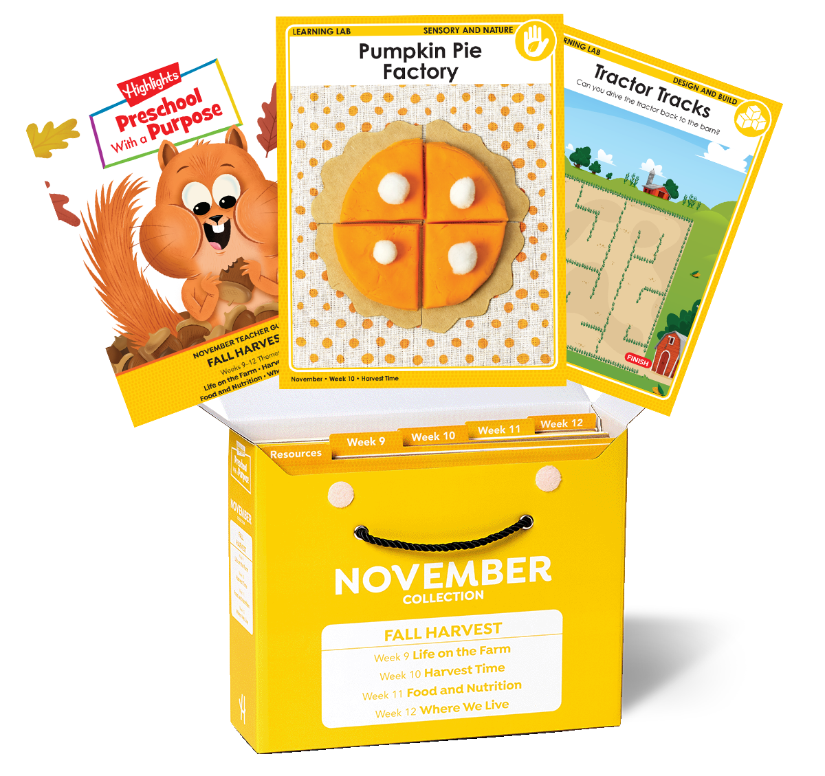 Educational toy set with cards featuring a pumpkin pie and a tractor, themed around November's 'Fall Harvest' collection.