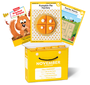 Educational toy set with cards featuring a pumpkin pie and a tractor, themed around November's 'Fall Harvest' collection.
